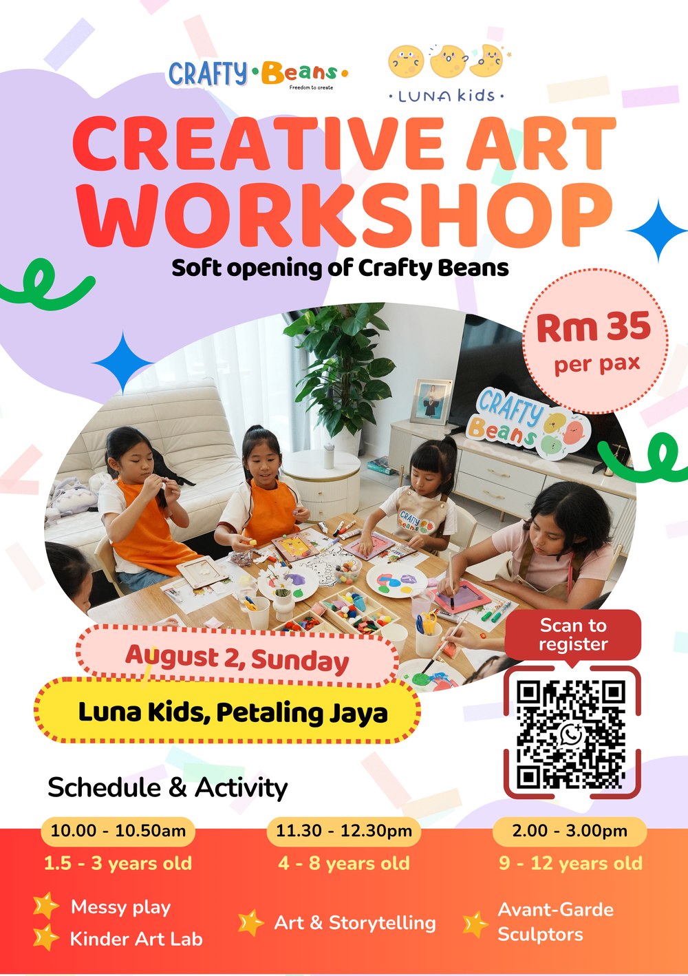 Creative Art Workshop poster, soft opening of Crafty Beans, August 2 at Luna Kids Petaling Jaya, RM35 per pax