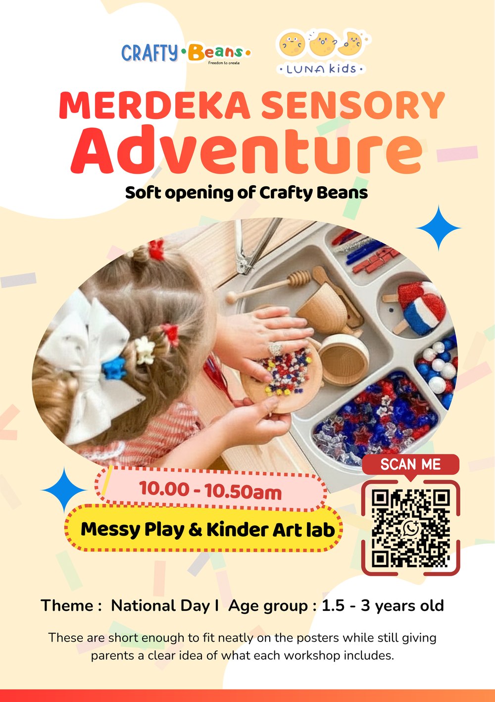 Merdeka Sensory Adventure poster, Messy Play and Kinder Art Lab, 10:00 to 10:50am, ages 1.5 to 3