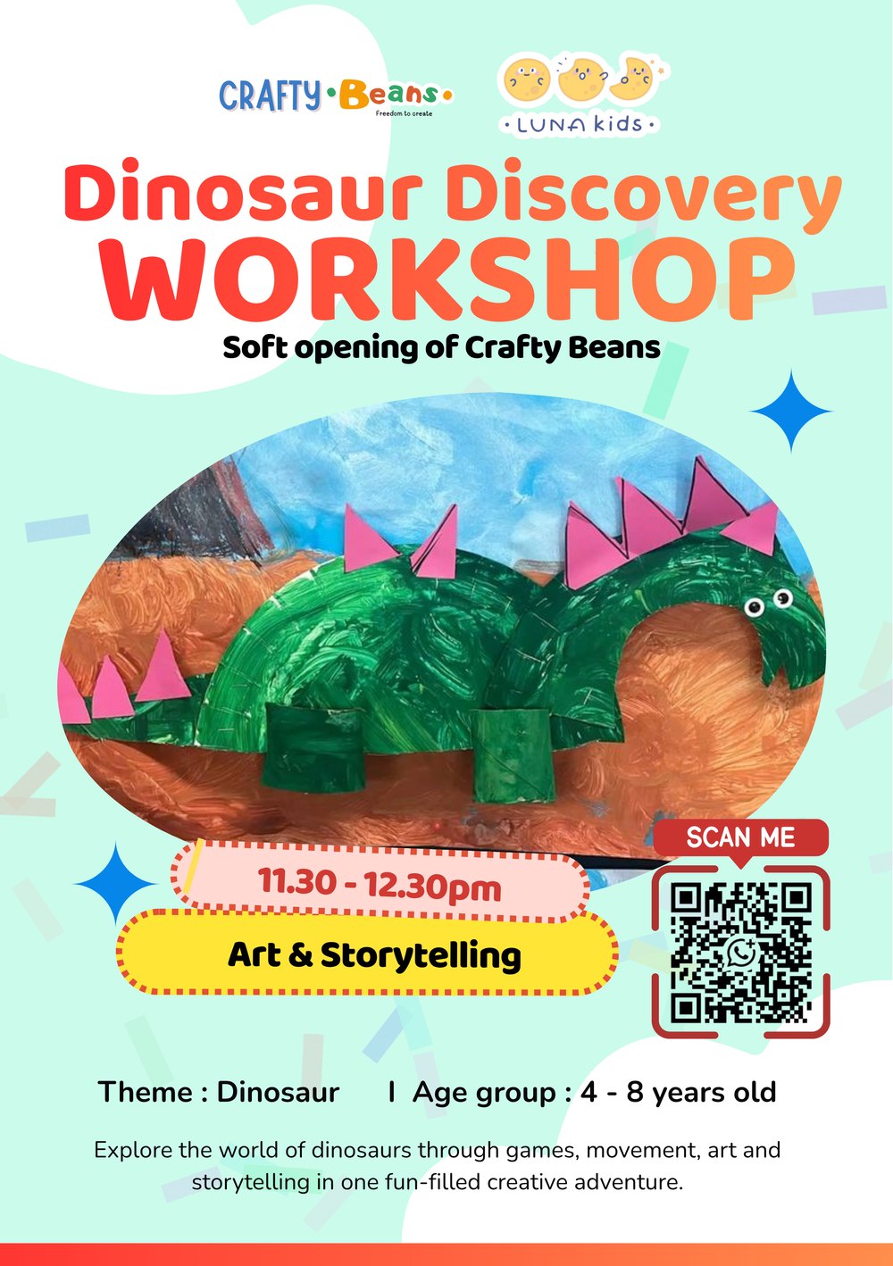 Dinosaur Discovery Workshop poster, Art and Storytelling, 11:30am to 12:30pm, ages 4 to 8