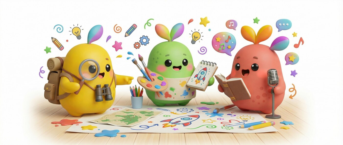 Pikka, Lumi, and Yoyo, the Crafty Beans mascots, exploring, creating, and telling stories together