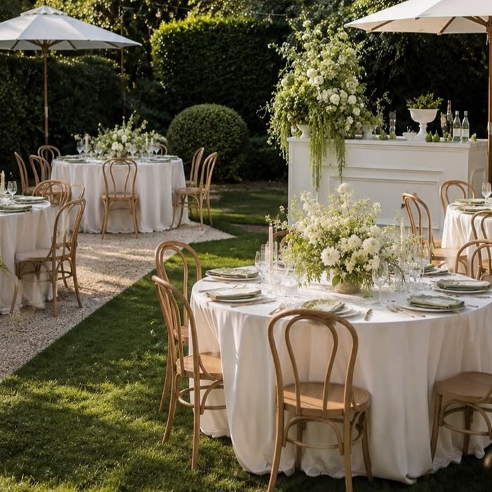 An outdoor garden wedding reception with round tables and floral centrepieces